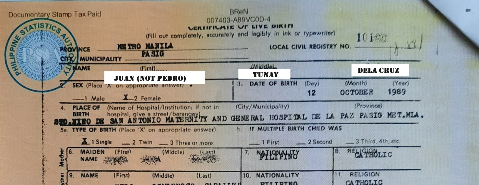 A superimposed birth certificate