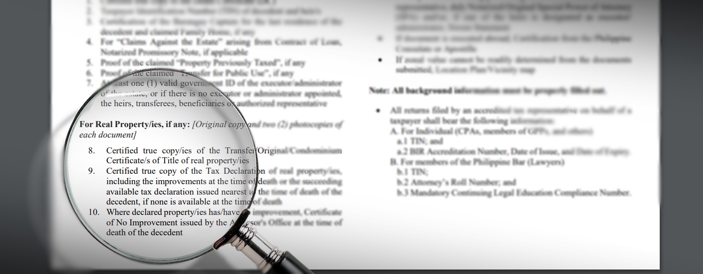 A magnifying glass focusing on requirements for real estate property