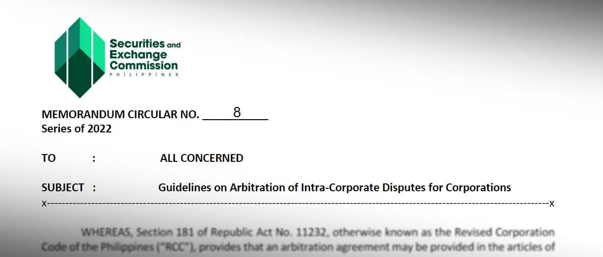 The front page of the SEC memorandum on Guidelines on Arbitration of Intra-Corporate Disputes for Corporation
