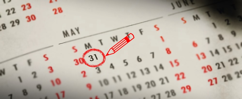 A calendar with a mark on May 31