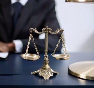 A justice scale on a lawyer's desk during the discussion of an invalid arbitration agreement.