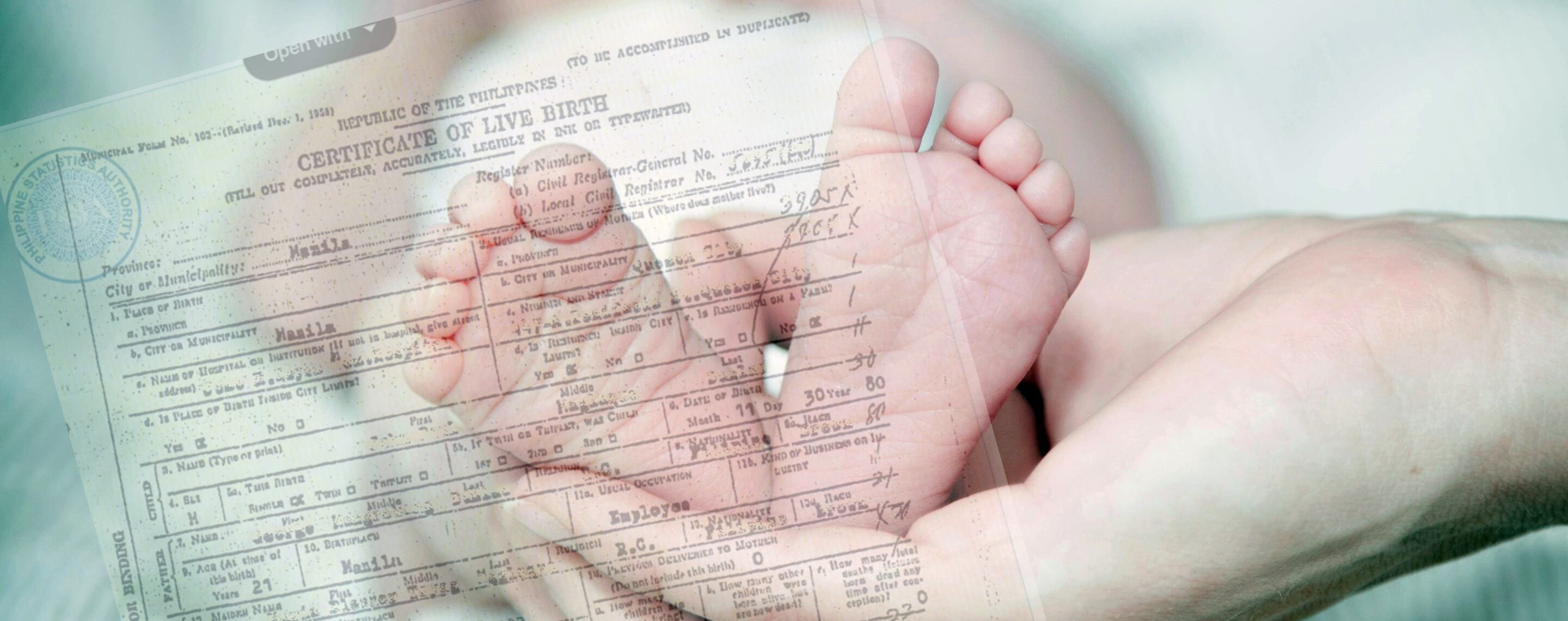 A newborn baby with a certificate of live birth overlay