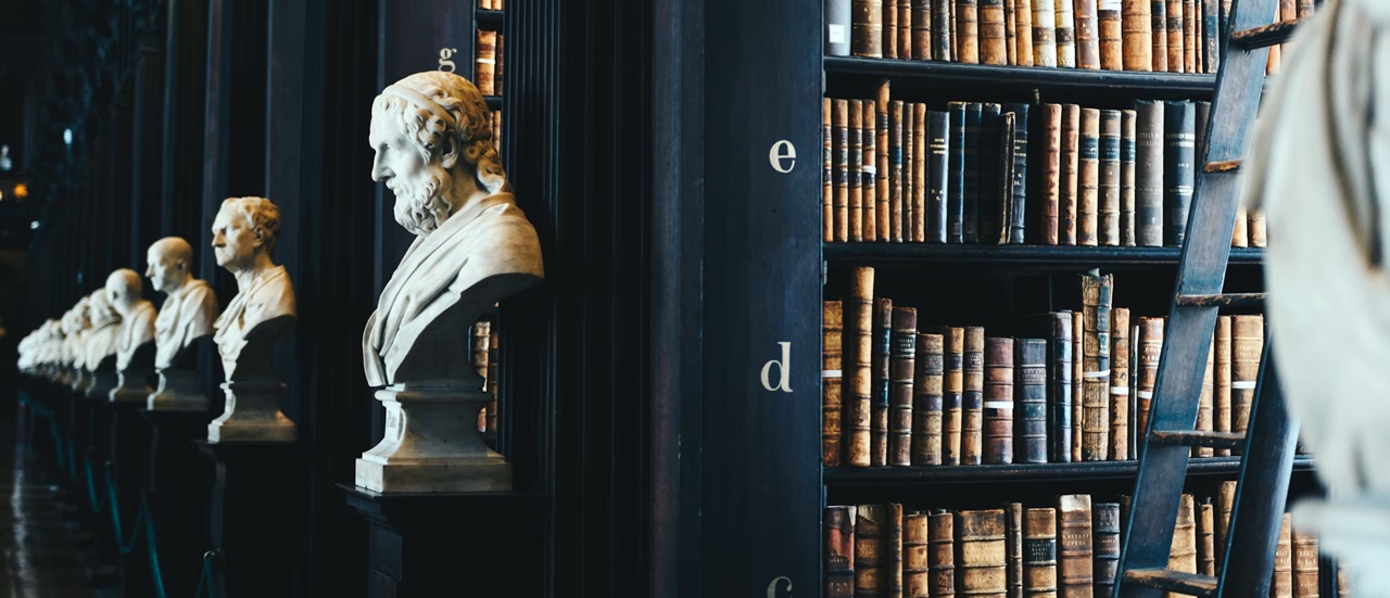 A law school library with statue displays symbolizing the jurisprudence of trademark infringement in the Philippines.