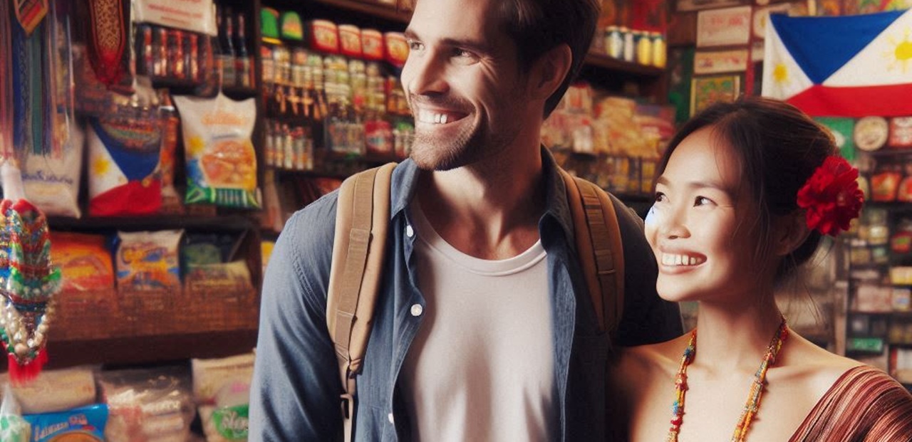 A Filipino woman with her foreigner husband smiling inside their sari sari store after getting a 13a Visa in the Philippines