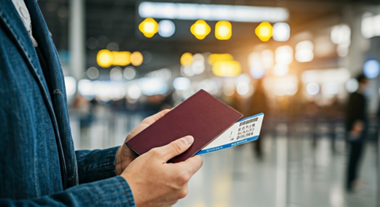 A man holding a passport and flight ticket in an airport.