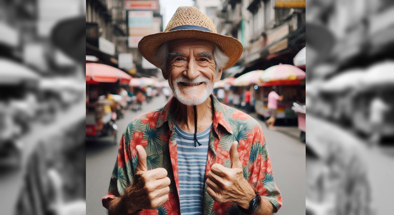 An old man smiling at the camera with his thumbs up on the streets of Binondo