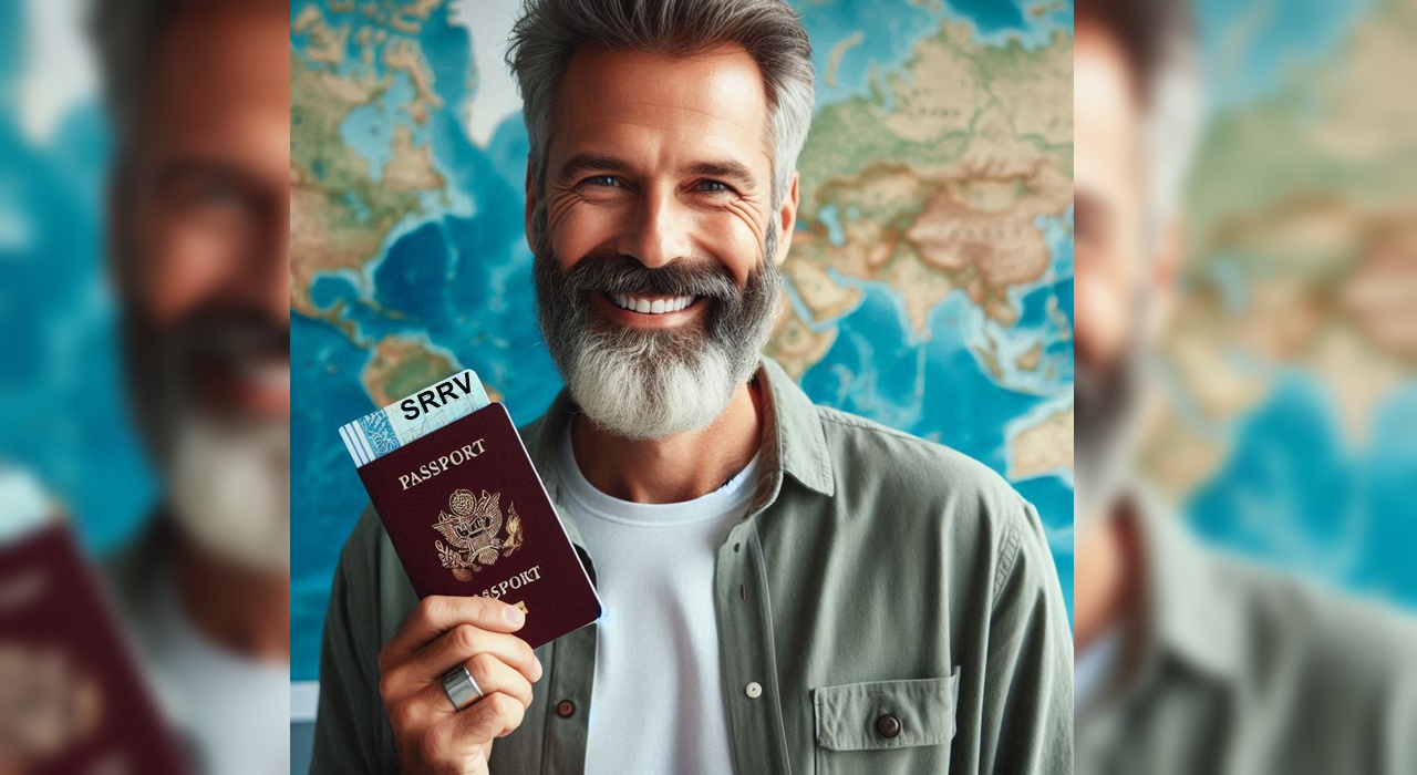 A foreigner man smiling at the camera while showing his foreign passport with a SRRV ID