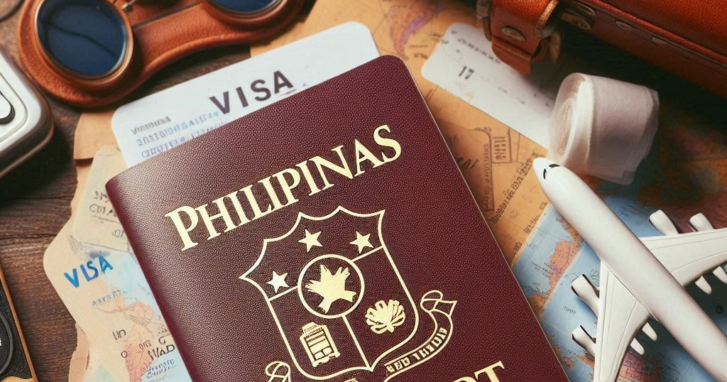 An AI generated image of a Philippine Passport with Visa and other travelling items symbolizing a 13a Visa in the Philippines