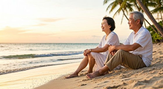 Old couple sitting on a beach during a sunset enjoying their SRRV